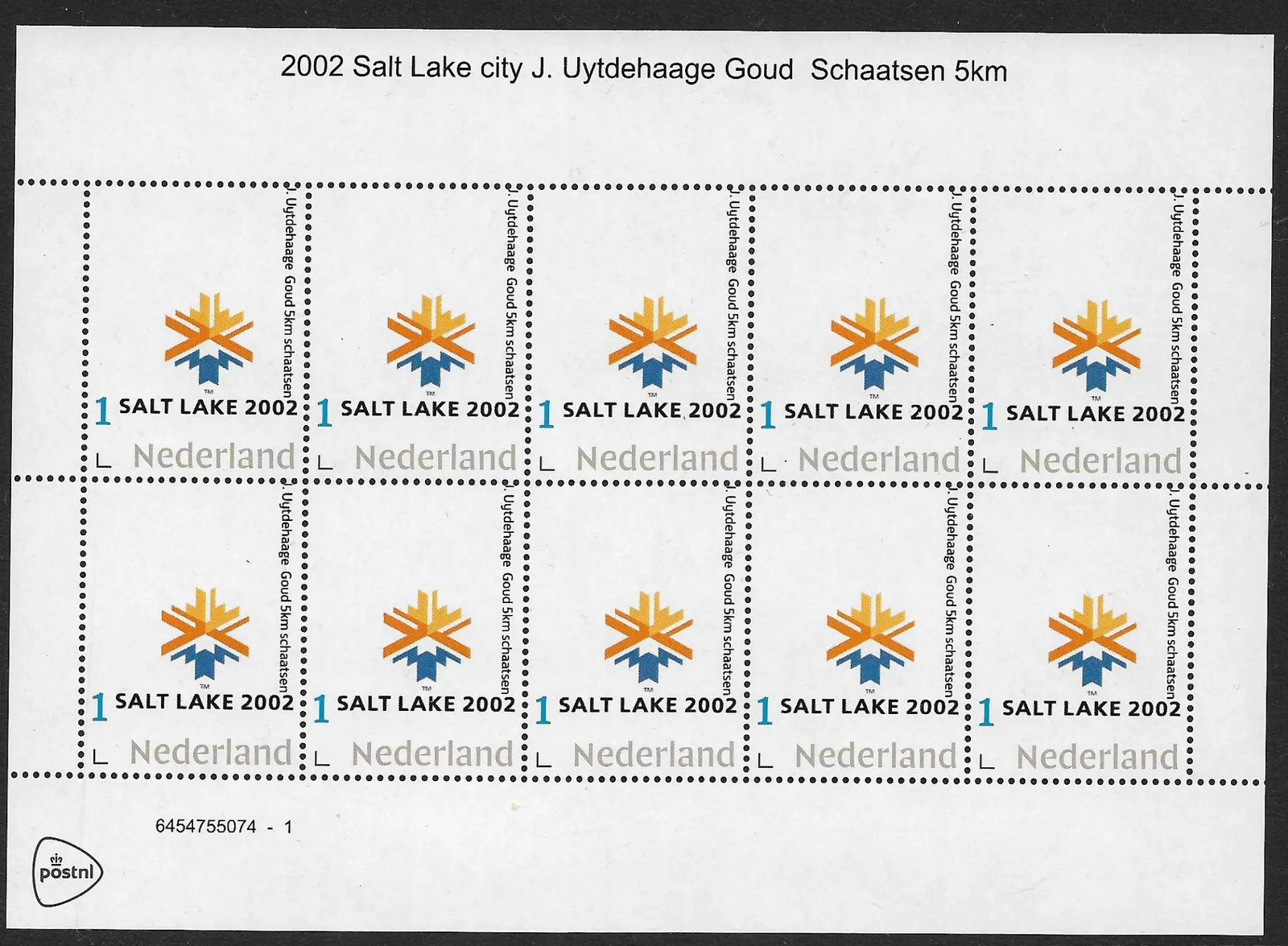 Pays-Bas 2002-1 Jeux olympiques patinage Uytehaage 5 km feuillet neuf/mnh