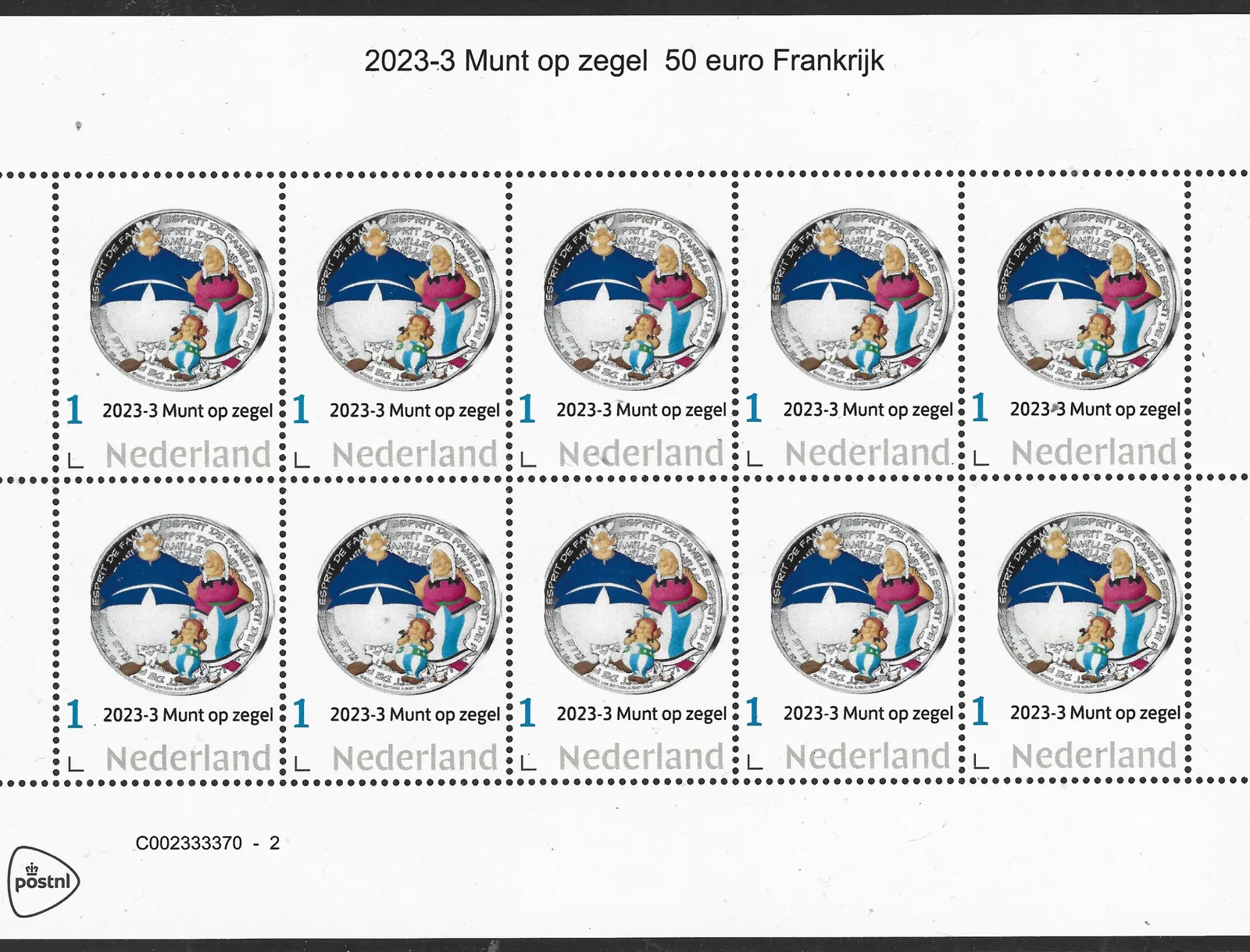 Niederlande 2023-3 Münze auf Briefmarke: Asterix Obelix 50-Euro-Münze Blatt postfrisch/mnh