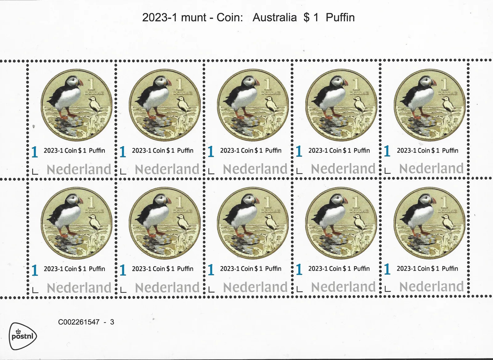 Pays-Bas 2023-1 Monnaie Pièce sur timbre : Australie $1 Macareux feuille neuf/mnh