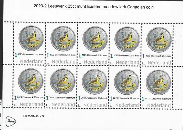 Nederland 2023-2 munt op postzegel: 25ct Canada Leeuweri lark vogel bird vel-sheetlet postfris/mnh