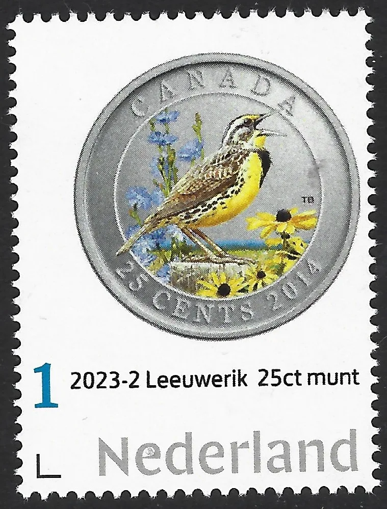 Niederlande 2023-2 Münze auf Briefmarke: 25ct Kanada Haubenlerche postfrisch/mnh