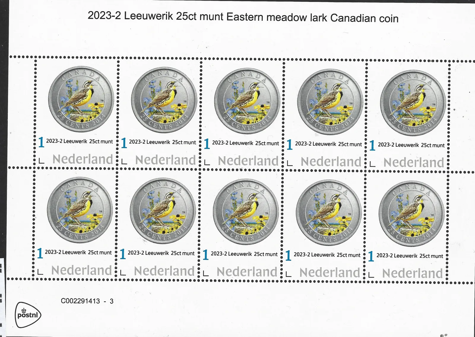 Pays-Bas 2023-2 Monnaie sur timbre Alouette feuille neuve/mnh