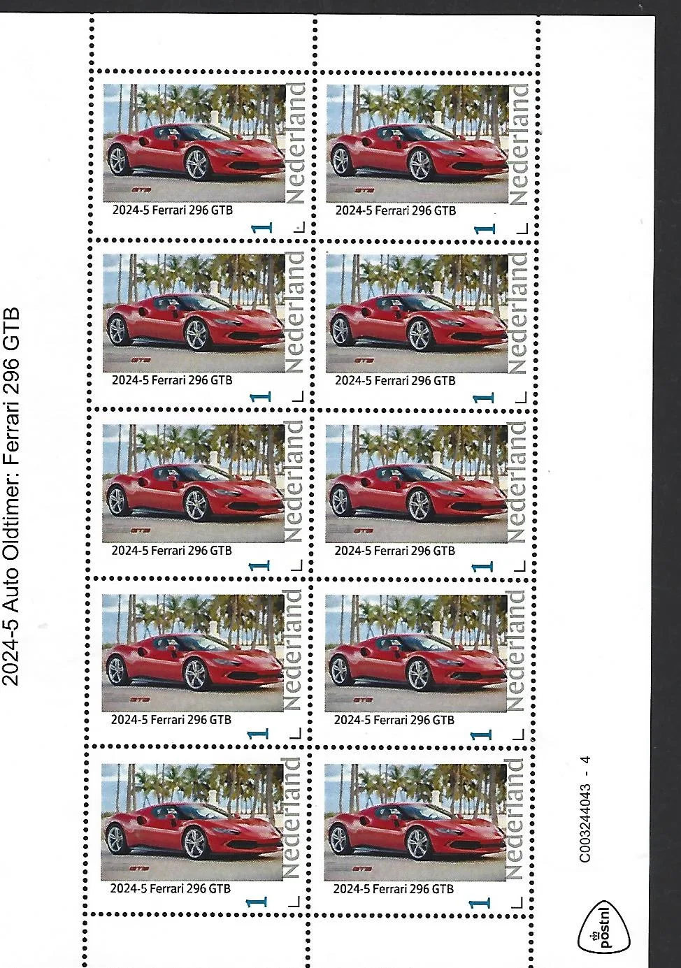 Pays-Bas 2024-4 Auto Voiture : Ferrari 296 GTB Oldtimer feuillet neuf/mnh