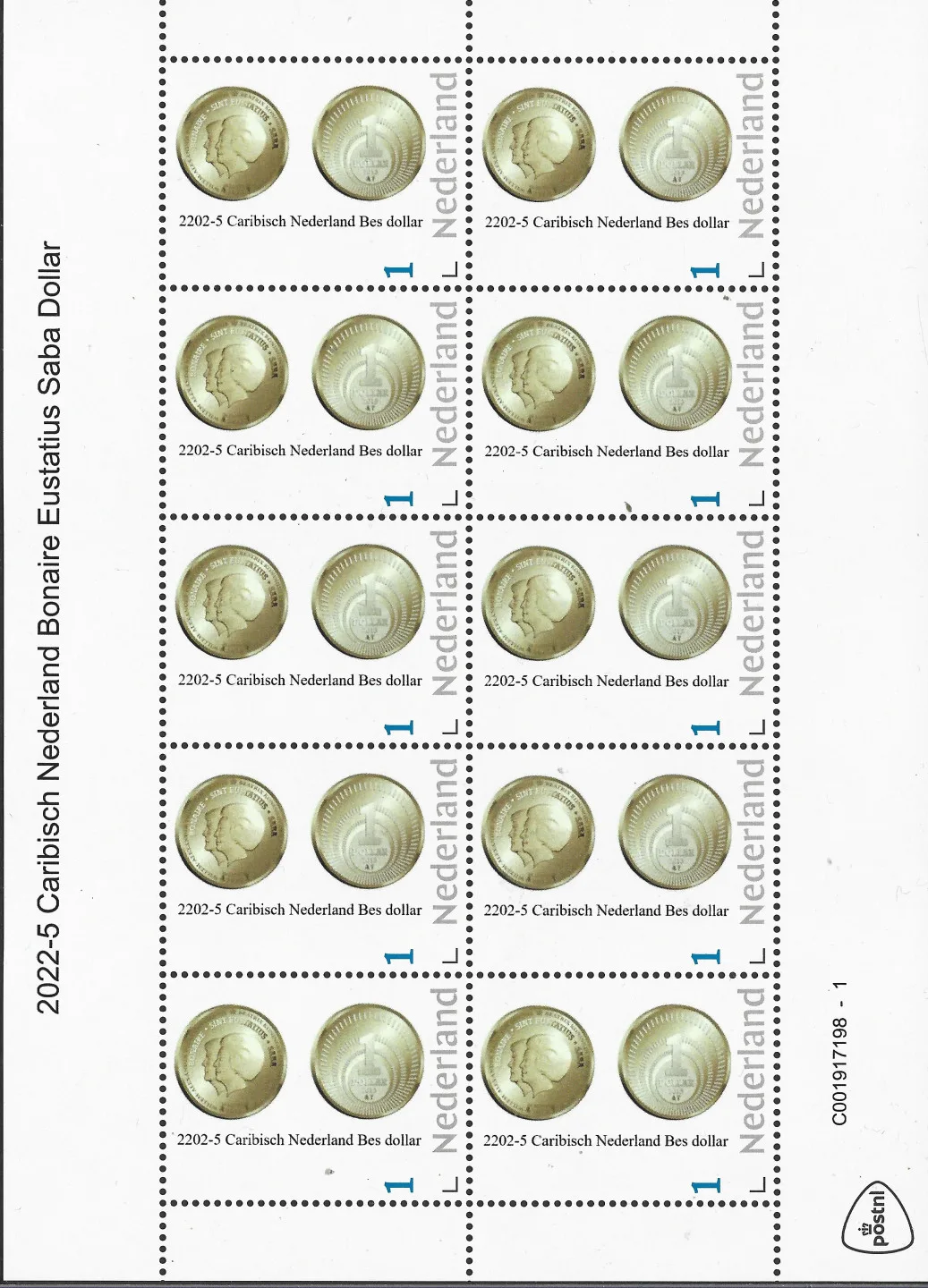 2022-9 Nederland Caribisch Nederland BES Dollar coin on stamp vel-sheetlet postfris/mnh