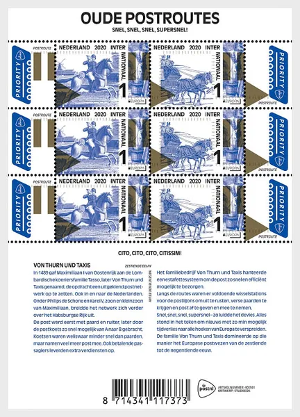 Netherlands 2020 Europa Old Postal Routes V3845-3846 sheet MNH