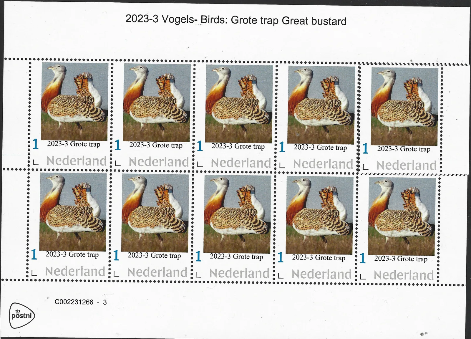 Pays-Bas 2023-3 Oiseaux - Birds: Outarde Canepetière Great Bustard feuille/feuillet neuf/mnh
