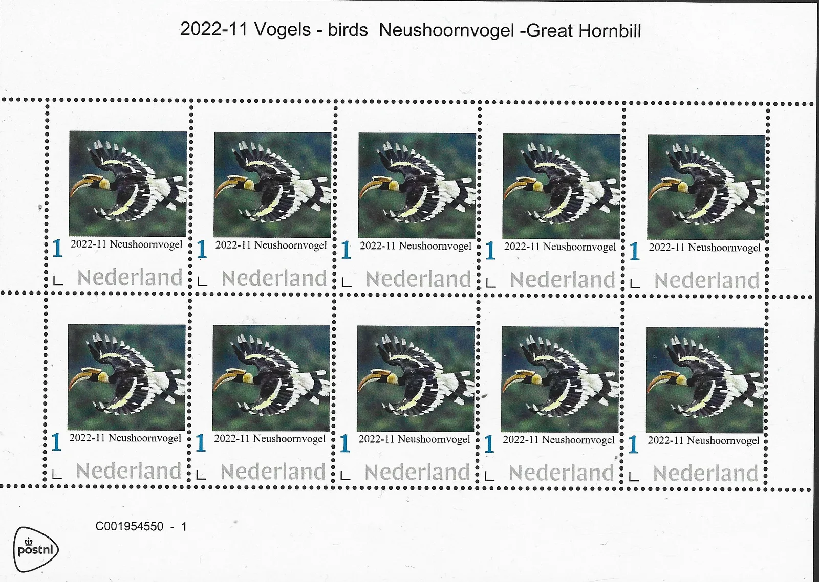 Niederlande 2022-11 Vögel; Nashornvogel - Great Hornbill Markenheftchen postfrisch/mnh