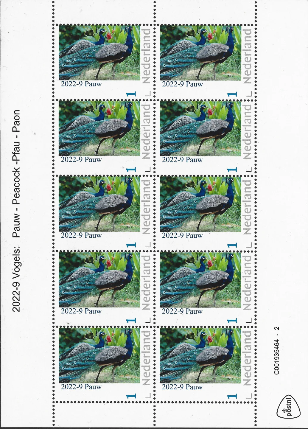Pays-Bas 2022-9 Oiseaux Paon feuillet postfris/mnh