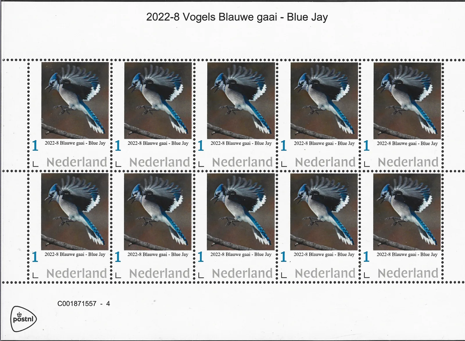 Pays-Bas 2022-8 Oiseaux Geai bleu - Blue Jay feuillet neuf-mnh