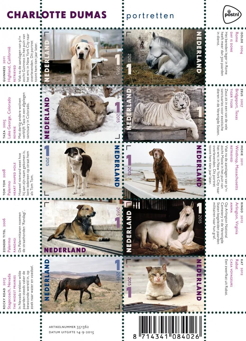 Netherlands V3331-3340 C Dumas horses-dog-fox-cat m/s 2015 MNH