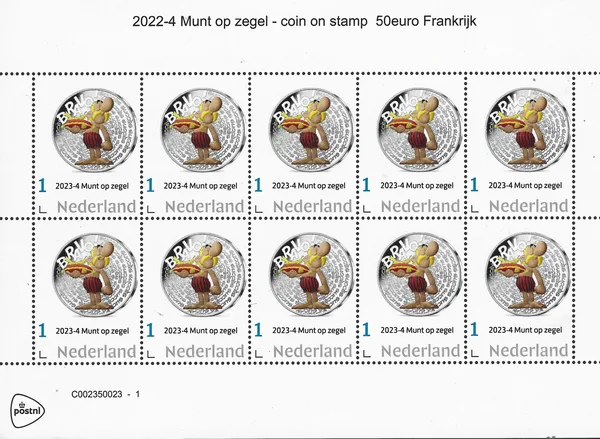 Nederland 2023-4 Munt op zegel coin on stamp 50euro France Asterix vel-sheetlet postfris-mnh