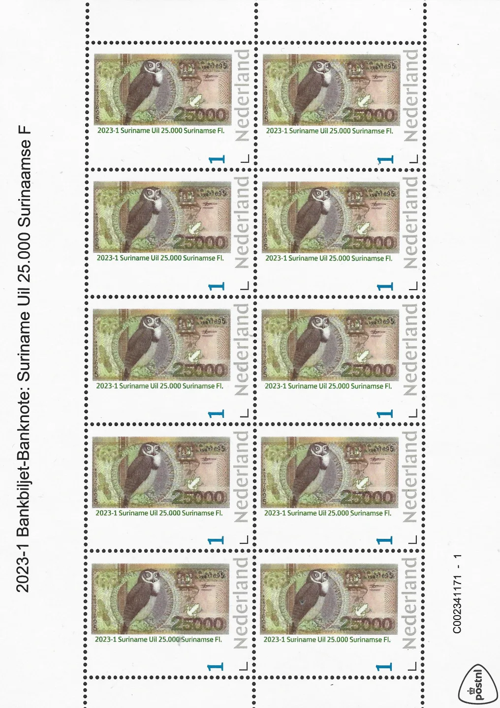 Pays-Bas 2023-1 Billet de banque - Banknote: Suriname chouette 25.000 SFL feuillet neuf/mnh