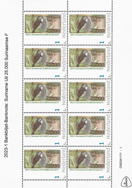 Nederland 2023-1 Bankbiljet - Banknote: Suriname uil owl 25.000 SFL vel-sheetlet postfris/mnh