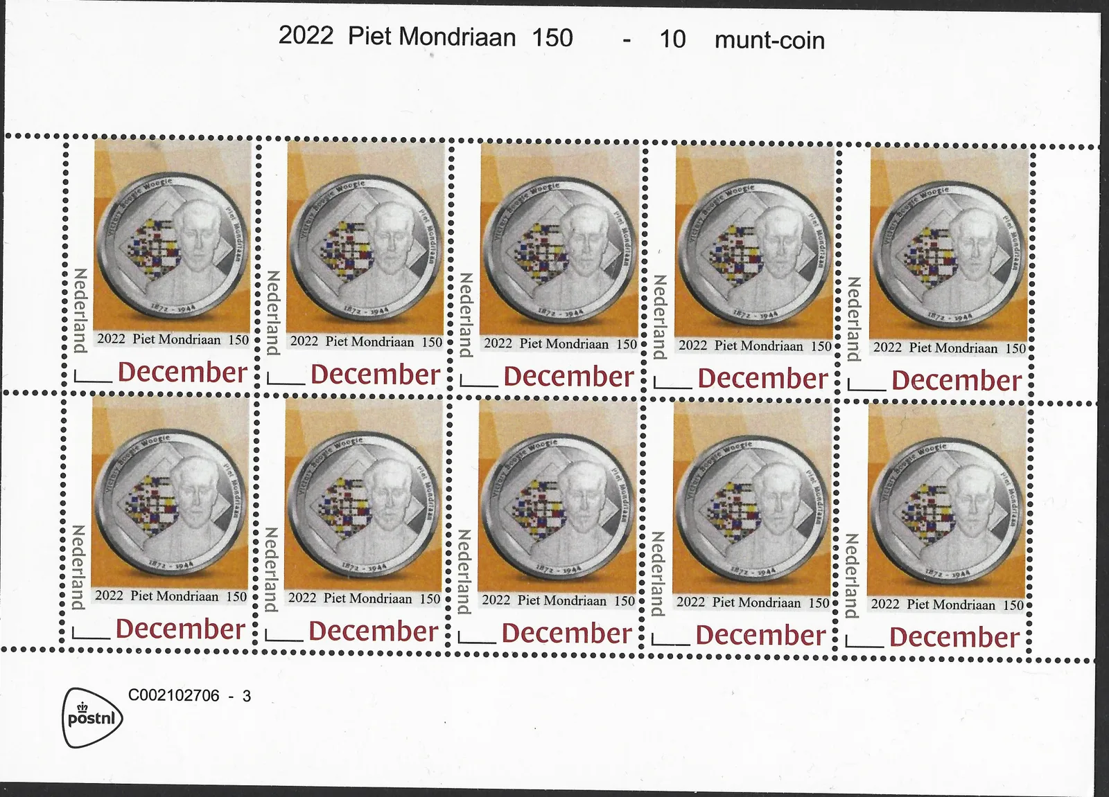 Pays-Bas 2022-1 Piet Mondriaan 150 monnaie-pièce sur timbre feuillet neuf/mnh