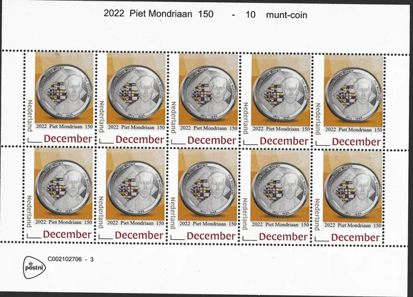 Nederland 2022-1 Piet Mondriaan 150 munt-coin on stamp vel-sheetlet postfris/mnh