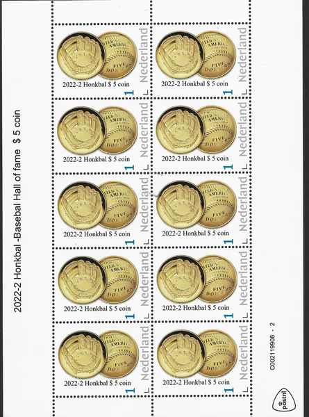 Nederland 2022-2 Munt op postzegel coin on stamp Baseball Hall of Fame vel-sheetlet postfris/mnh