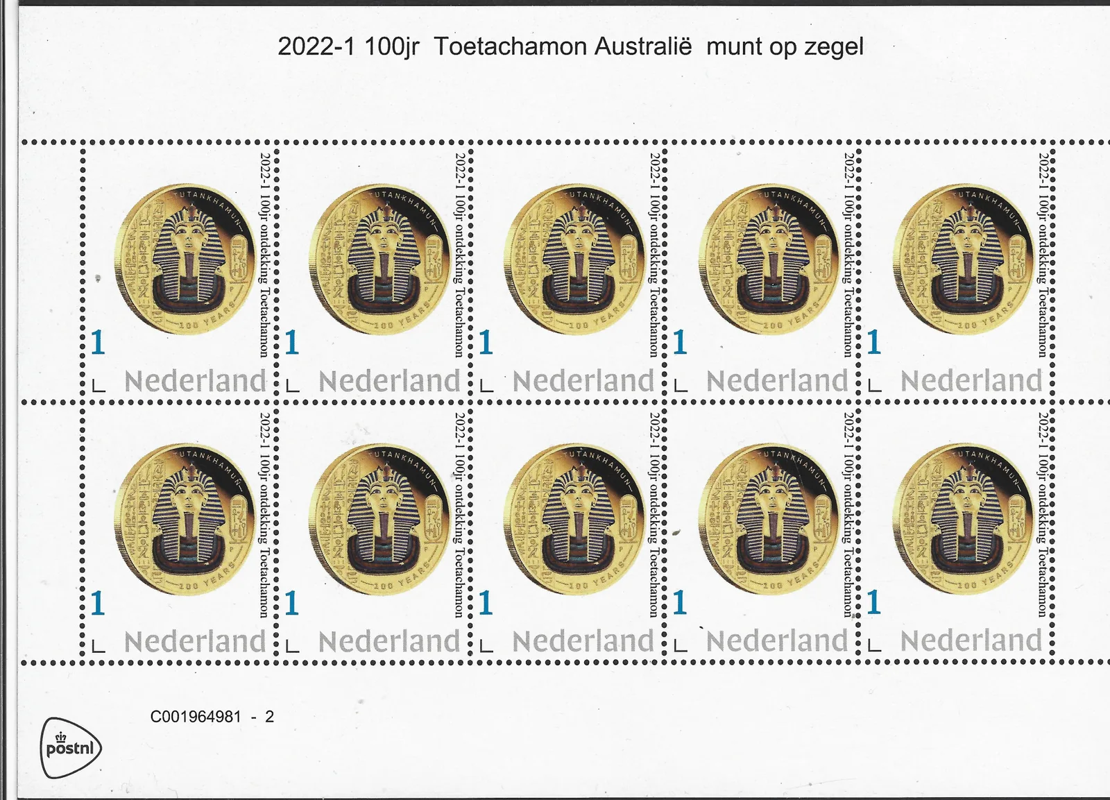 Niederlande 2022-1 Tutanchamun 100. Jahrestag der Entdeckung Münze auf Briefmarkenblock postfrisch/mnh
