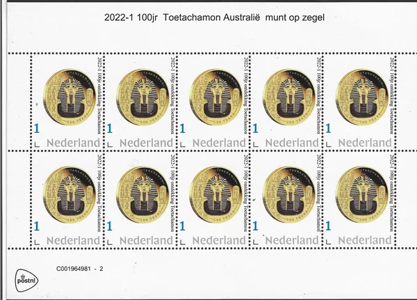 Nederland 2022-1 Toetanchamon 100jr ontdekkking munt op zegel vel/sheetlet posfris/mnh