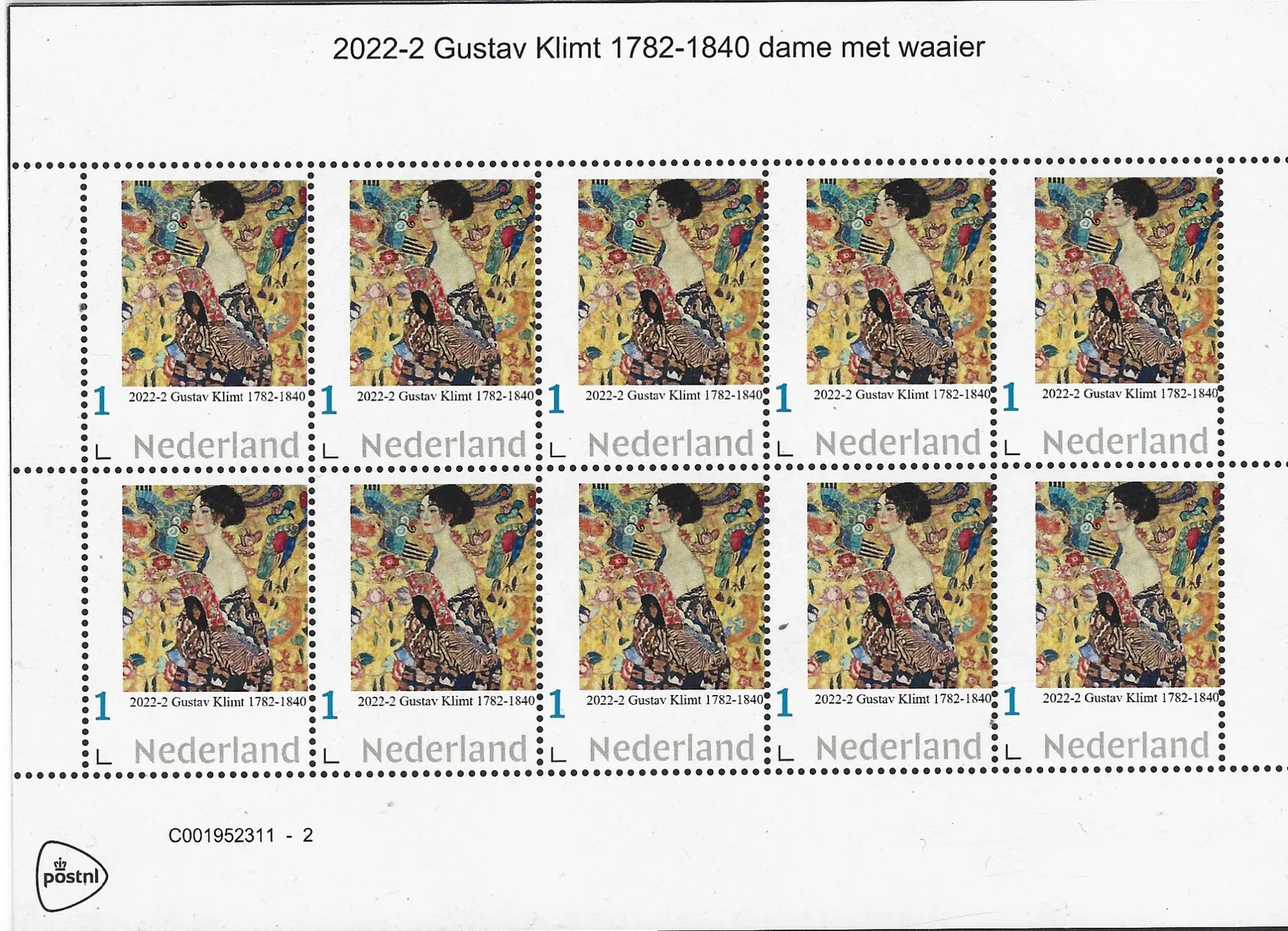 Pays-Bas 2022-2 Gustav klmt 1782-1840 dame avec éventail feuille-sheetlet neuf/nmh