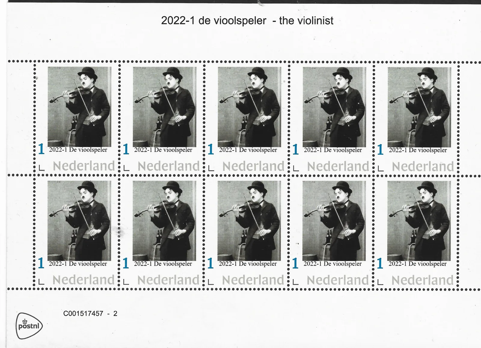 2022-1 Charlie Chaplin violinplayer vel-sheetlet postfris/mnh