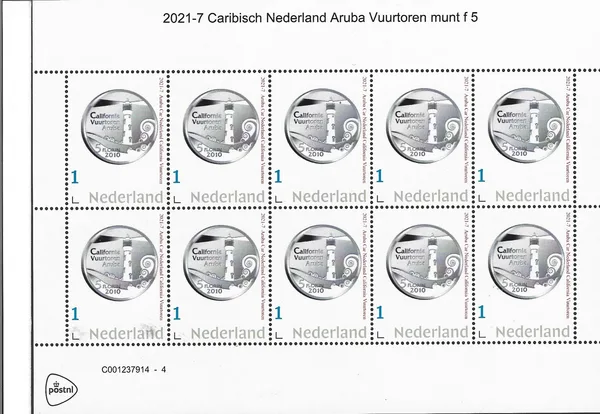 Netherlands 2021-7 Caribbean Netherlands Aruba lighthouse - coin on stamp sheetlet MNH