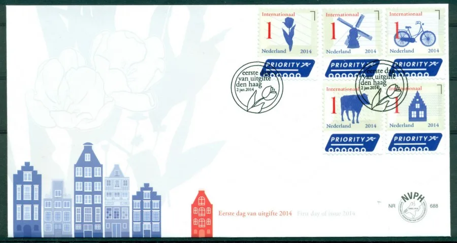 Netherlands FDC 688 Dutch Icons (international) Dutch icons tulip windmill bicycle 2014