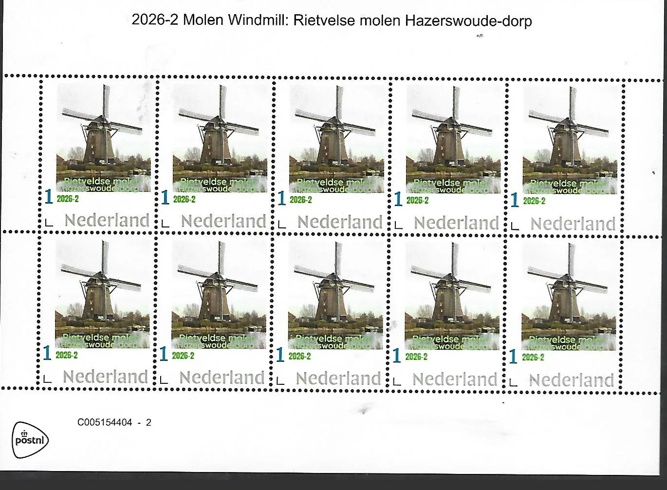 Nederland 2026-2 Molen Windmill: Rietveldse molen Hazerswoude-dorp postfris/mnh