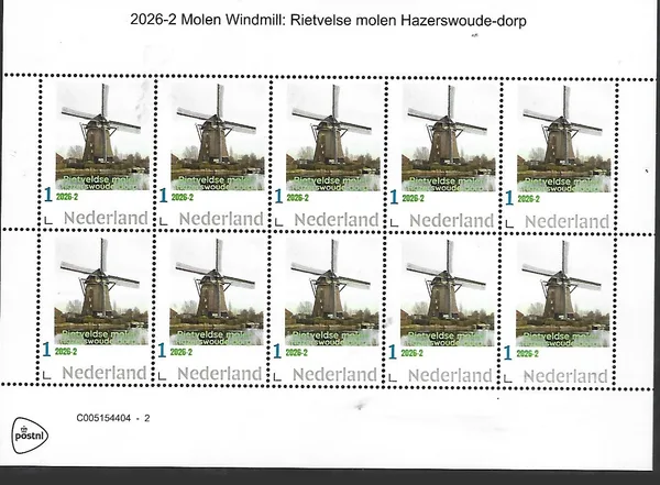 Netherlands 2026-2 Mill Windmill: Rietveldse mill Hazerswoude-dorp MNH