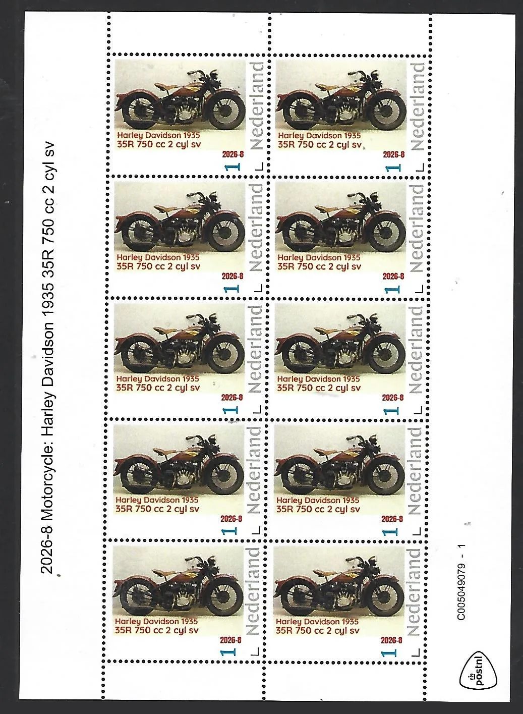 Netherlands 2026-8 Motorcycle: Harley Davidson 35R 705cc 1935 SHEET MNH