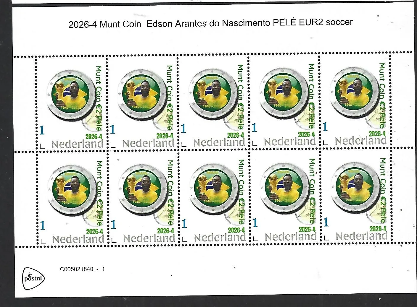 Netherlands 2026-4 Famous on a coin: Pelé Soccer coin €2 sheet MNH