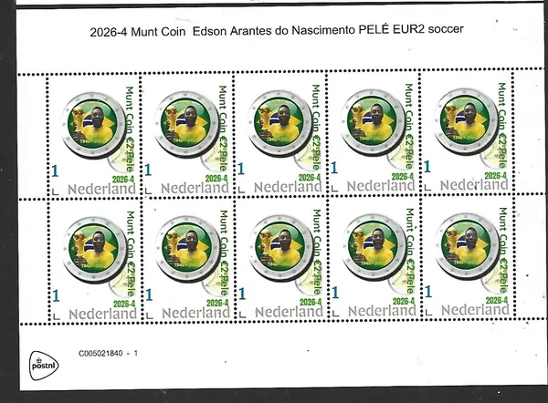 Netherlands 2026-4 Famous on a coin: Pelé Soccer coin €2 sheet MNH