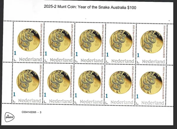 Netherlands 2025-2 Year of the Snake Chinese Zodiac coin sheet MNH