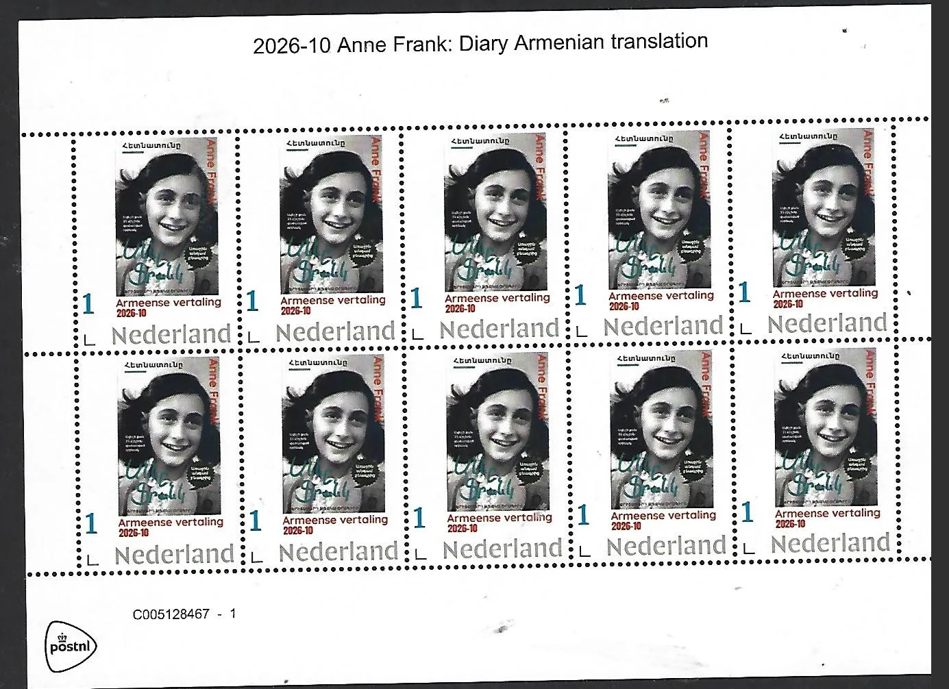 Nederland 2026-10 Anne Frank Diary Armenian translation   sheetlet  postfris/mnh