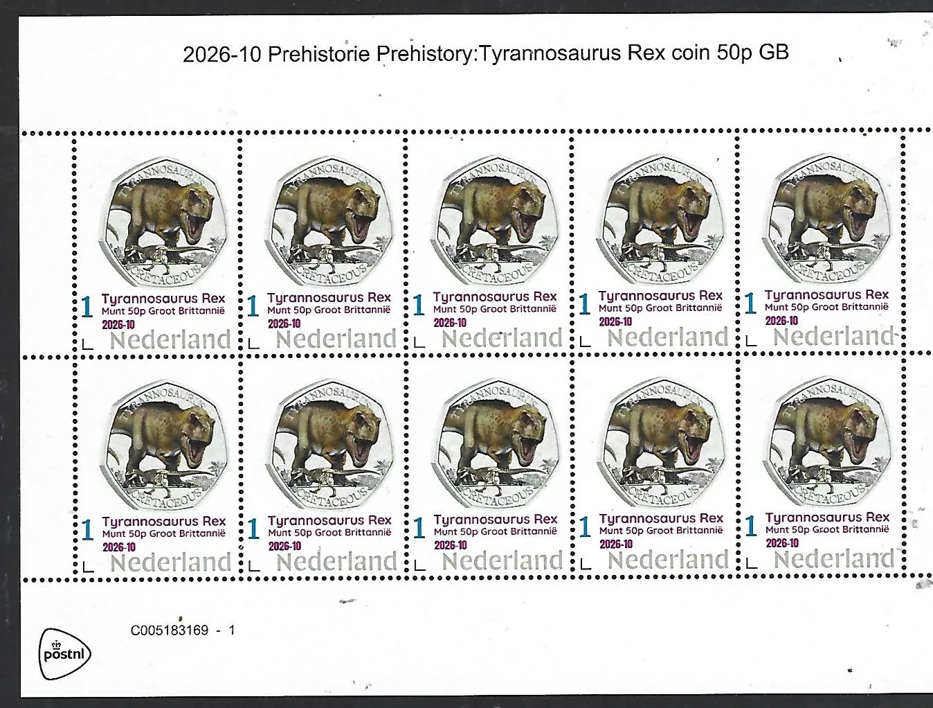 Niederlande 2026-10 Prähistorie: Tyrannosaurus Rex Münze Großbritannien 50p Blocklet postfrisch/mnh