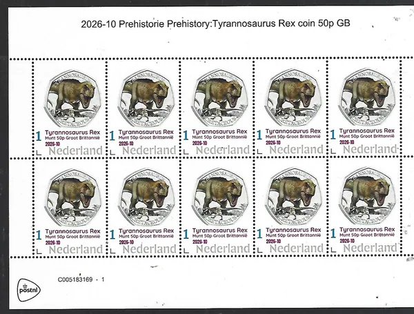 Pays-Bas 2026-10 Préhistoire : Tyrannosaurus Rex  pièce Grande-Bretagne 50p  feuillet neuf/mnh