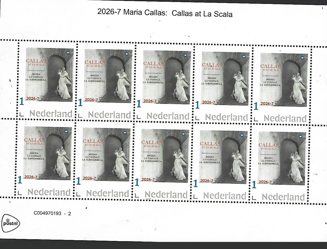 Nederland 2026-7  Maria Callas:  at La Scala      sheetlet   postfris/mnh