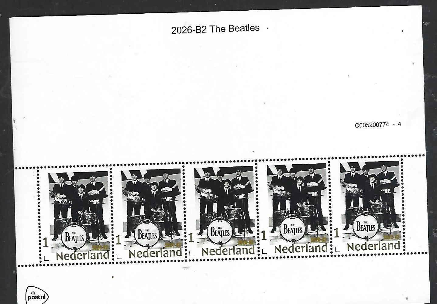 Nederland 2026-B2  The Beatles   Gold 1 stamp   sheetlet   postfris/mnh