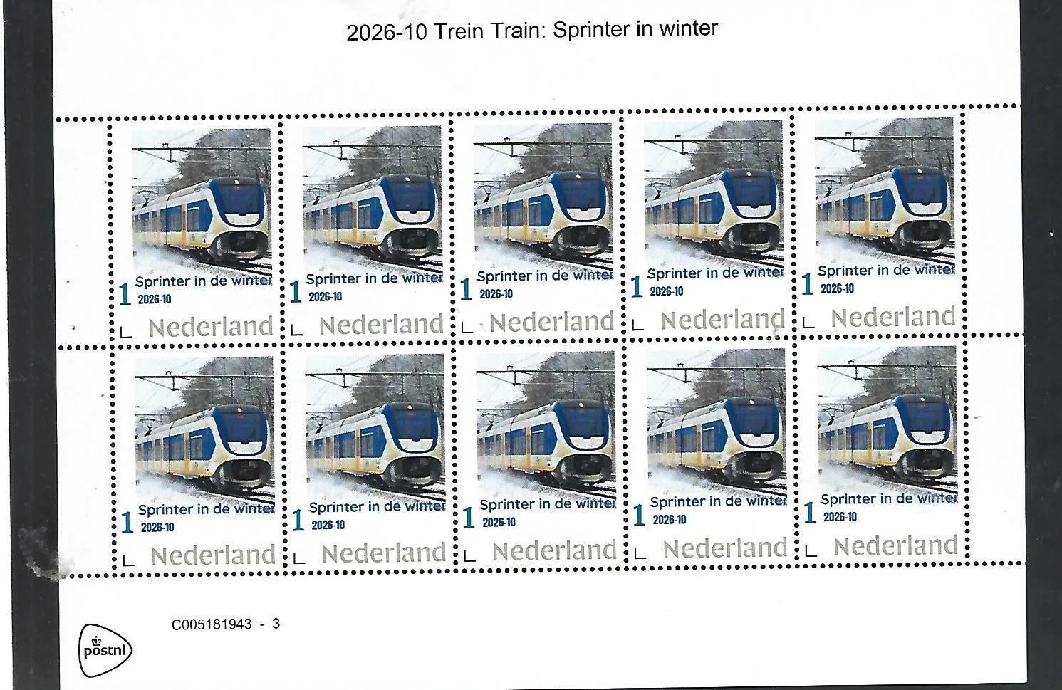 Pays-Bas 2026-10 Trains: le Sprinter en hiver, feuillet, neuf sans charnière