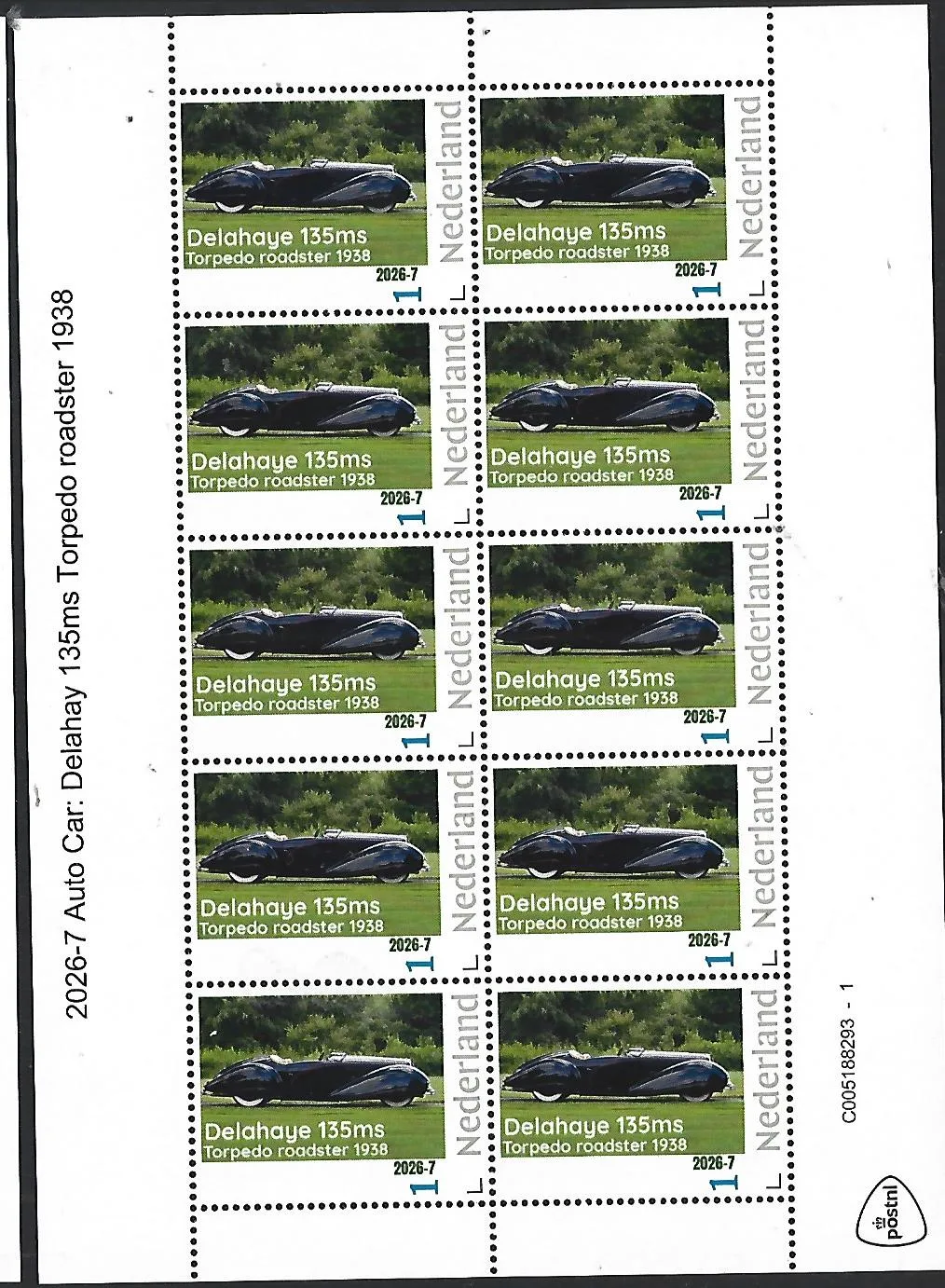 Netherlands 2026-7 Auto Car: Delahaye 135ms Torpedo roadster sheetlet mint never hinged/MNH