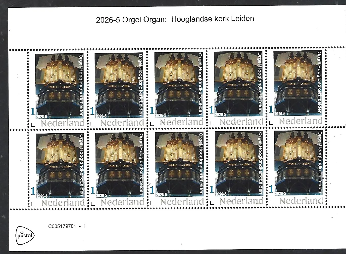 Nederland 2026-5 Orgel Organ: Hooglandse kerk Leiden  sheetlet  postfris/mnh