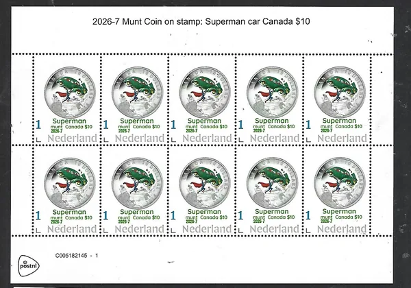 Netherlands 2026-7 Coin on stamp: Superman Car Canada €20 SHEETLET MNH