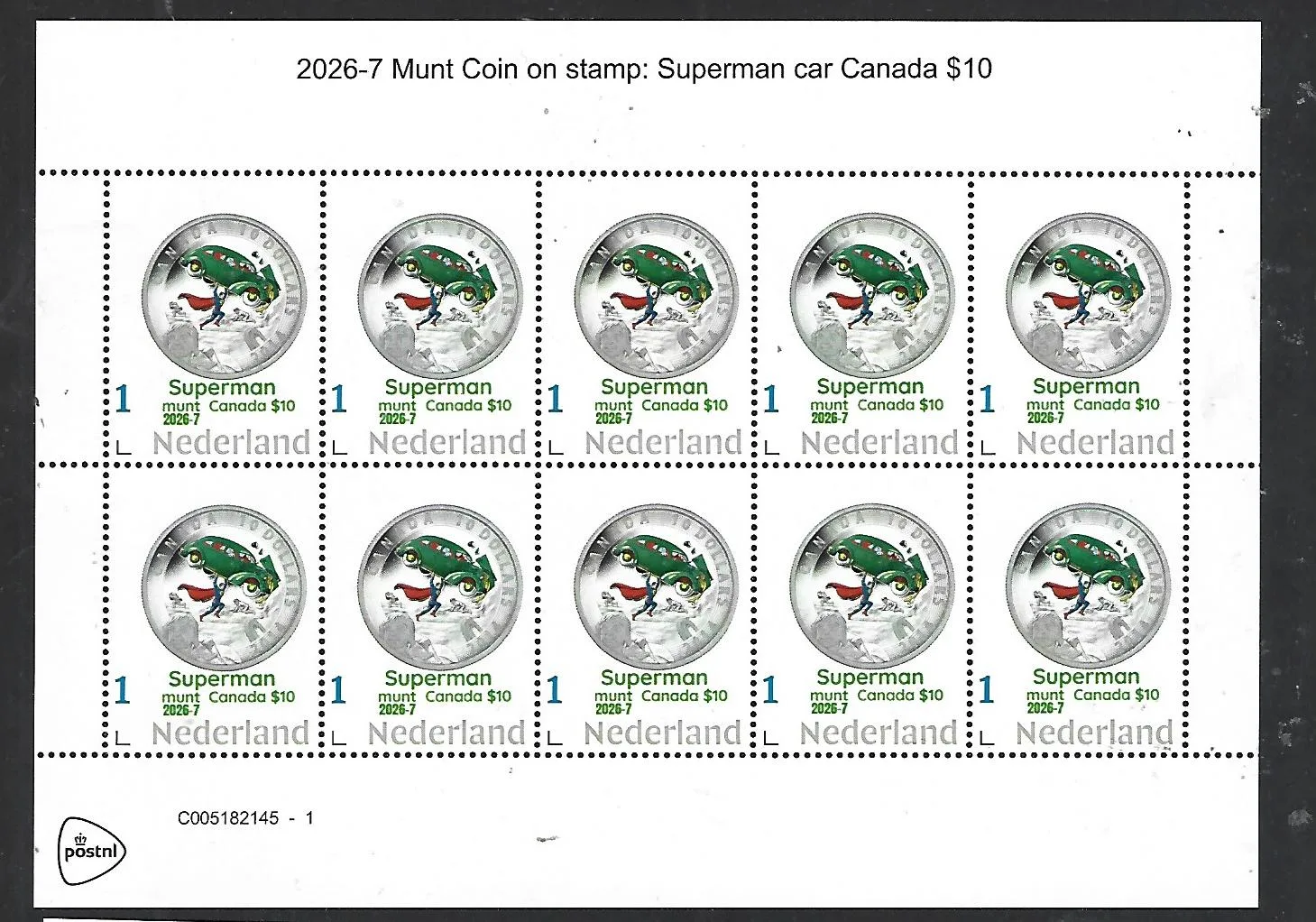 Netherlands 2026-7 Coin on stamp: Superman Car Canada €20 SHEETLET MNH