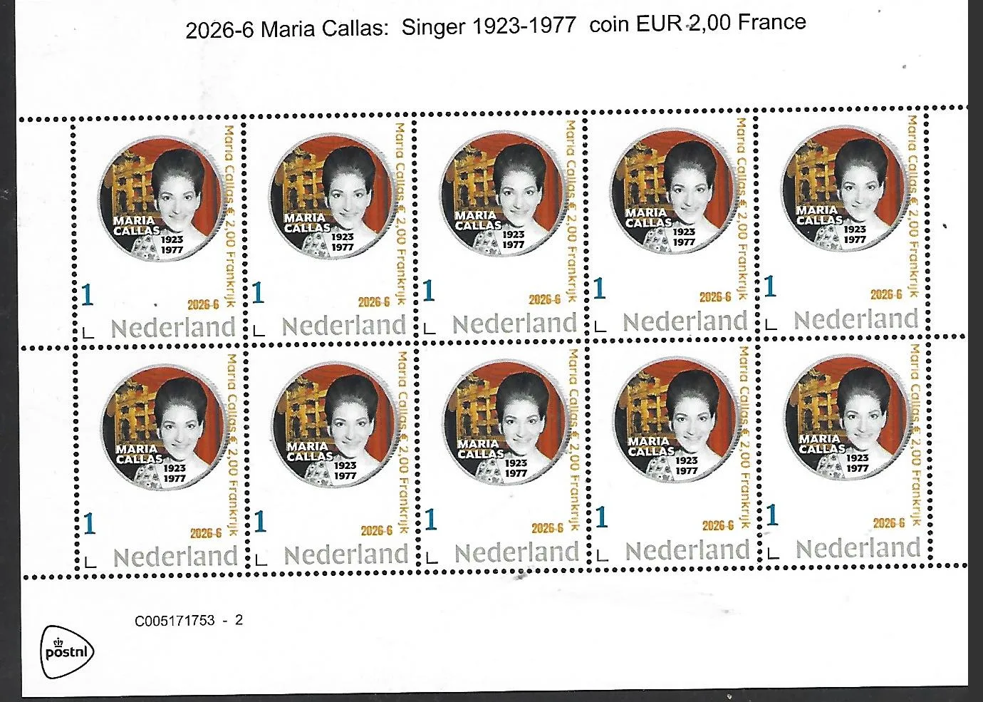 Nederland 2026-6 Maria Callas Munt Coin €2 France SHEET postfris/mnh