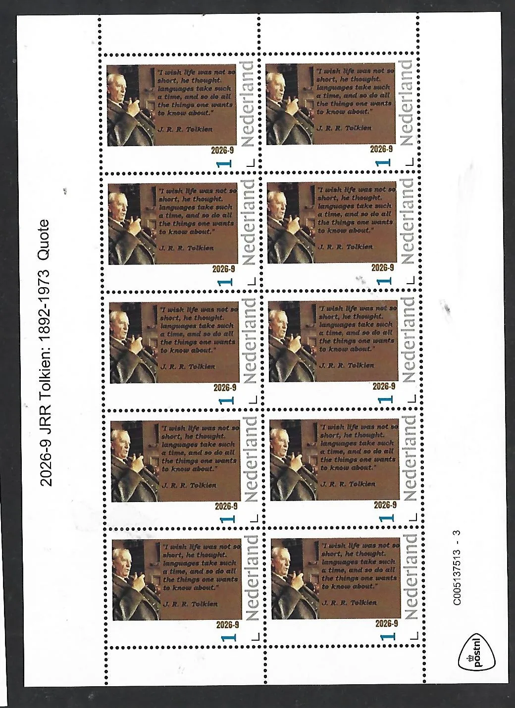 Nederland 2026-9 JRR Tolkien: Quote sheet postfris/mnh
