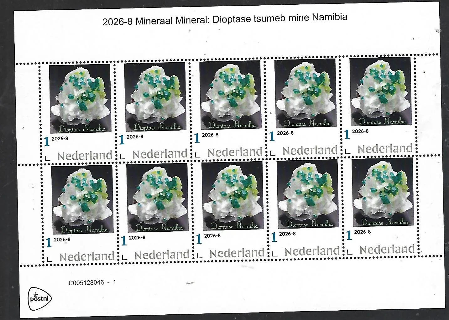 Netherlands 2026-8 Minerals: Dioptase Tsumeb Namibia sheet MNH