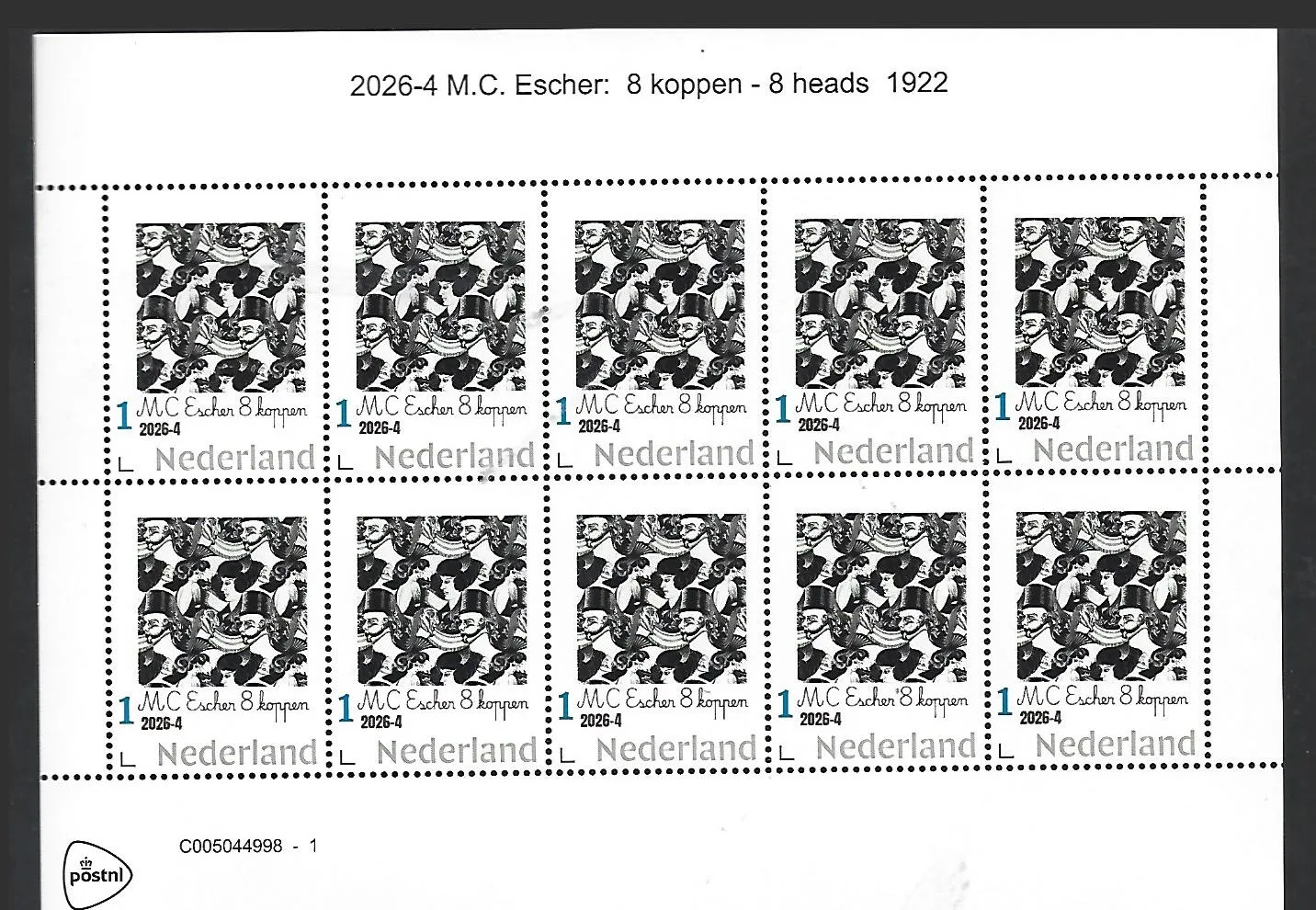 Nederland 2026-4 MC Escher: 8 koppen 8 heads 1922 sheet postfris/mnh