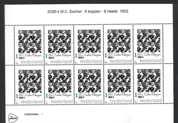 Netherlands 2026-4 MC Escher: 8 heads 1922 sheet MNH