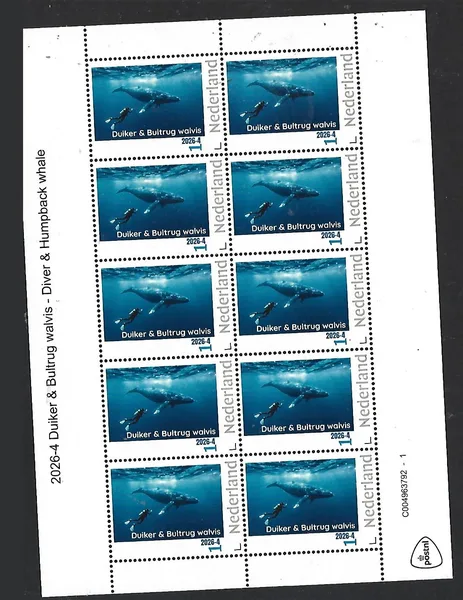 Nederland 2026-4 Duiker & Walvis: Scuba diver & Humpback Whale postfris/mnh