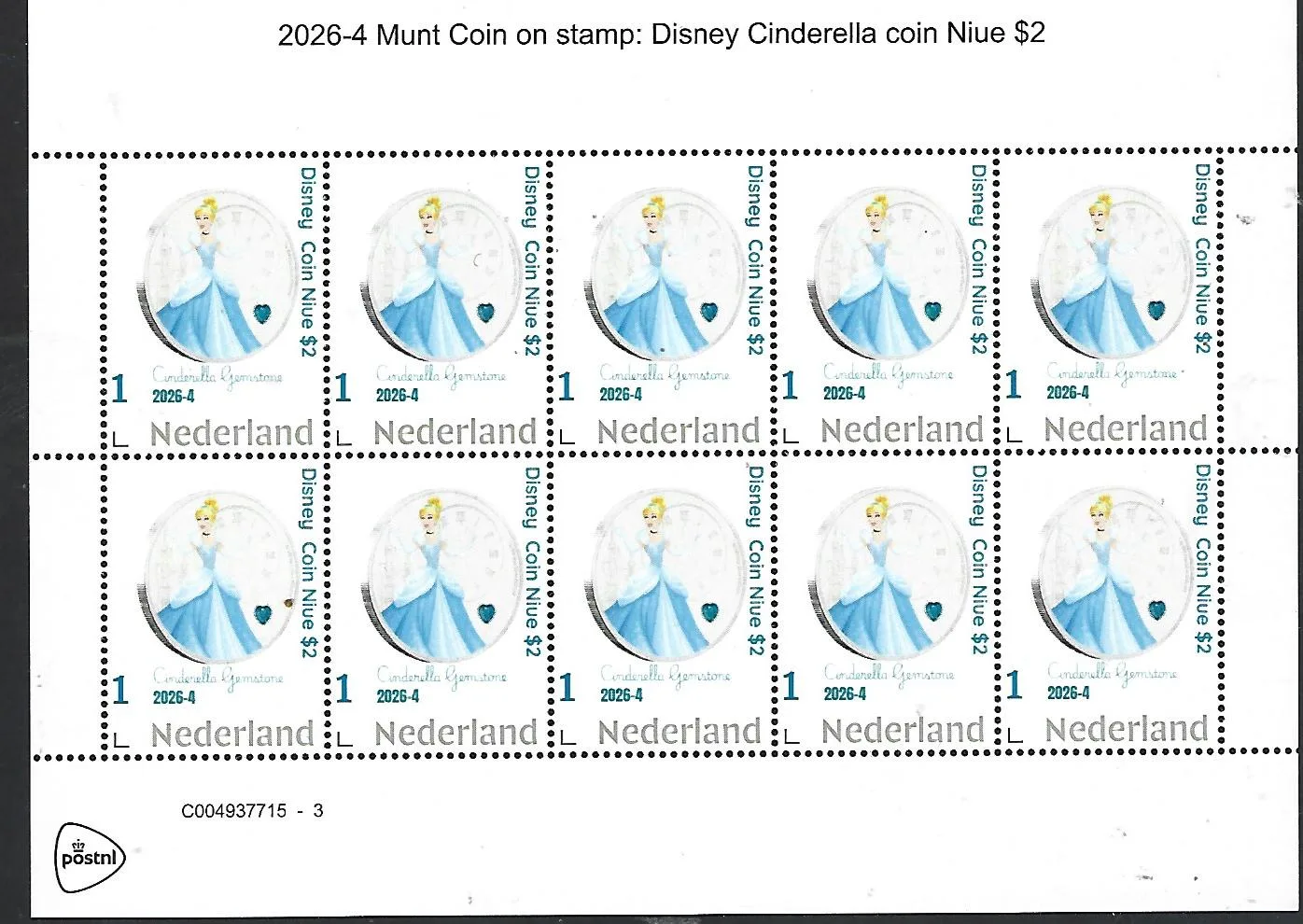 Netherlands 2026-4 Coin on stamp Disney Cinderella $2 Niue sheet MNH