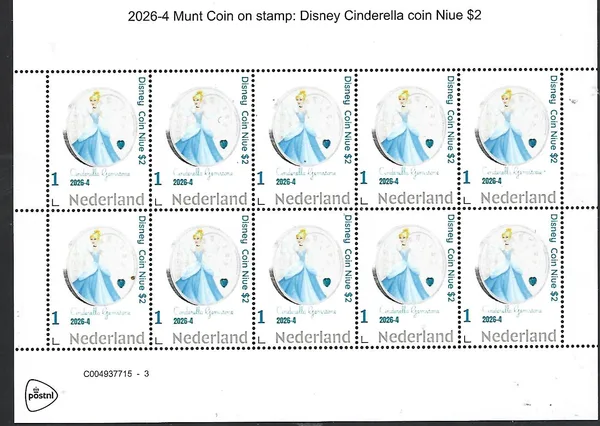 Nederland 2026-4 Coin on stamp Disney Cinderella $2 Niue sheet postfris/mnh